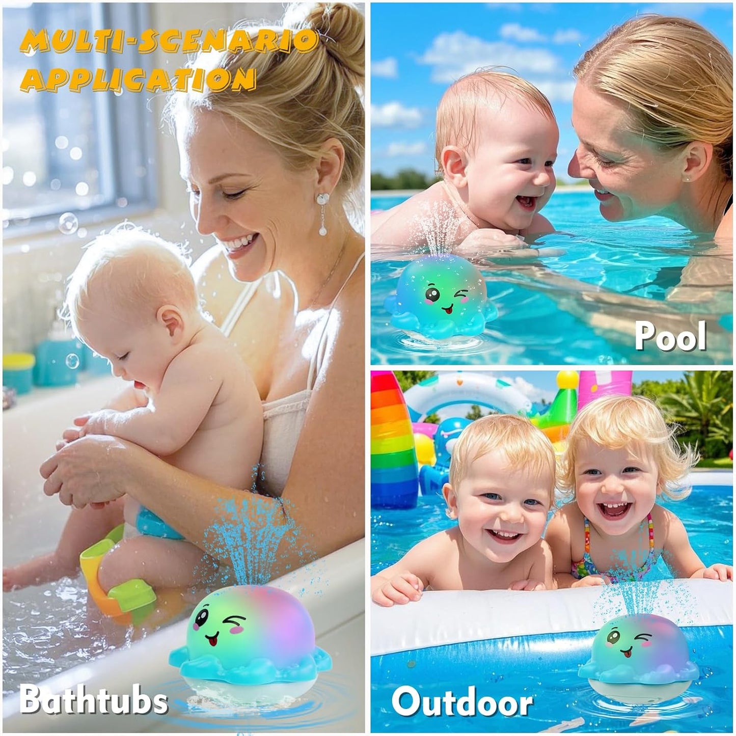 Light Up Bath Toy Sprinkler for Babies, Rechargeable Bathtub Pool Water Toys Baby Gifts for Toddlers, Shower Essentials (Blue Octopu)