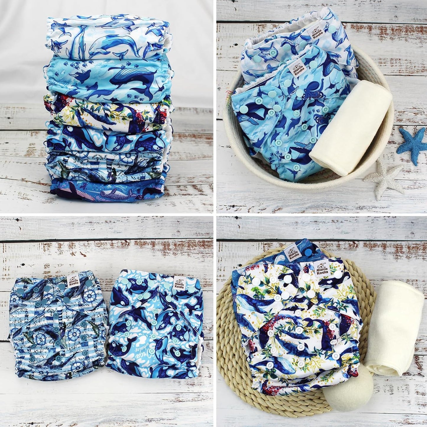 Mama Koala 3.0 Pocket Cloth Diapers for Babies with AWJ Lining, 6 Pack with 6 4-Layer Natural Cloth Diaper Inserts - Reusable and Washable Pocket Diapers(Whales)