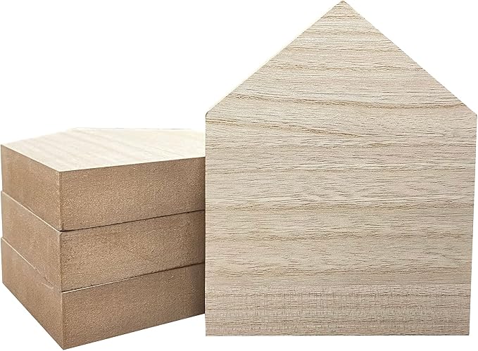 6 Inch 4 Pieces Unfinished Wooden House Shaped Blocks