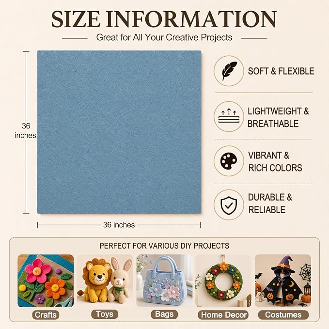Dusty Blue Large Felt Fabric 36" x 36", 1.4 mm Soft Felt Sheet, Nonwoven Fabric