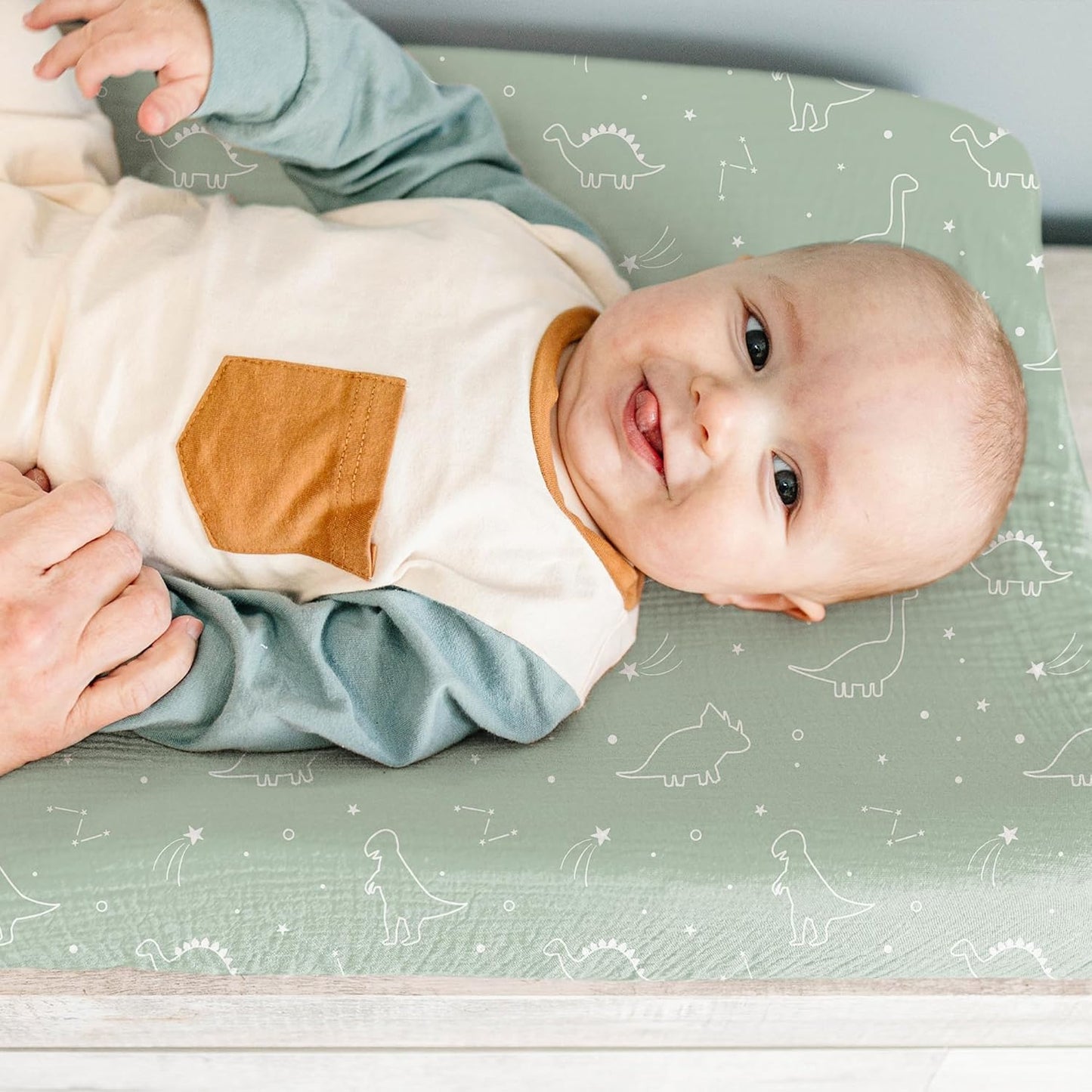 Konssy 2 Pack Muslin Changing Pad Covers for Boys, Ultra Soft & Breathable Cotton Baby Diaper Changing Table Covers, Neutral Nursery Diaper Changing Pad Sheets (Dino Jungle,Sage Dino