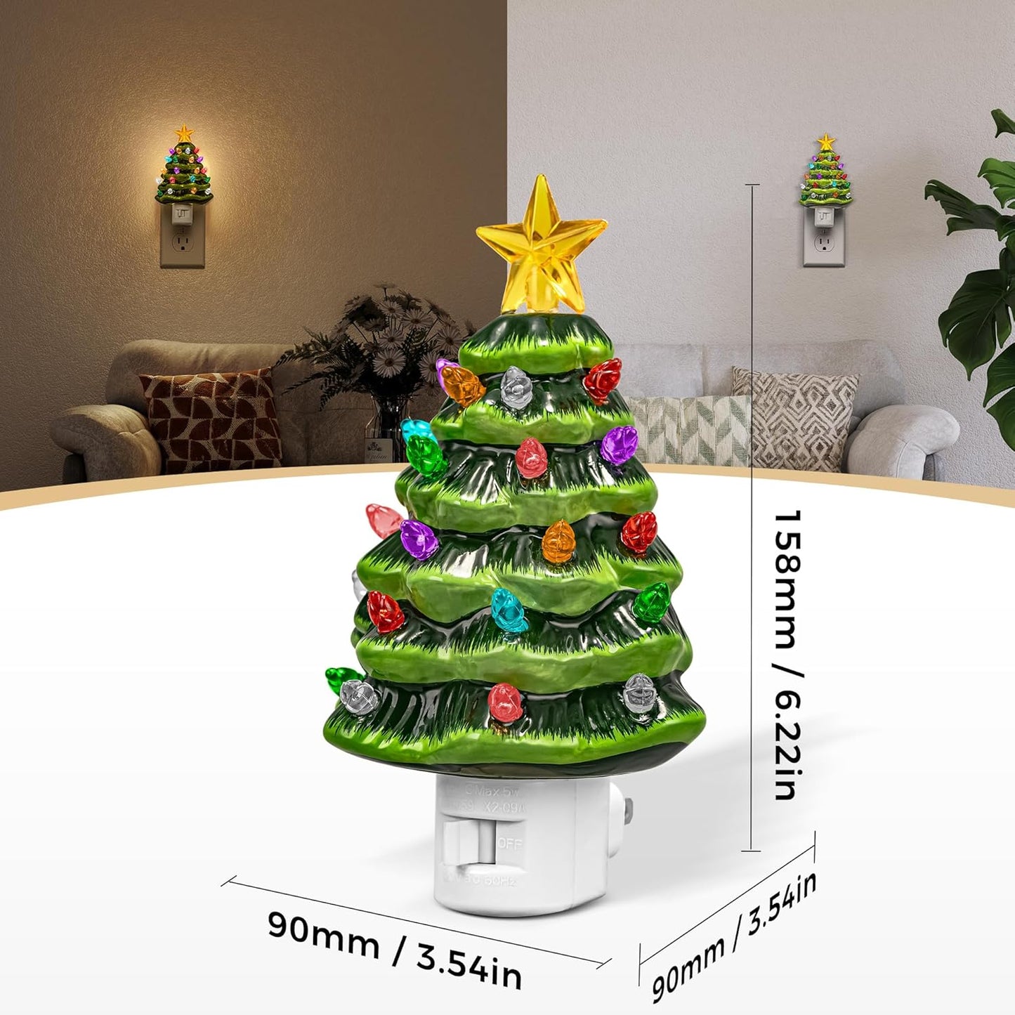 DORESshop Ceramic Christmas Tree Night Light, 3000K Night Lights Plug into Wall, Cute & Funny Christmas Decor Night Light for Kids, Plug in Nightlight with 360° Rotatable, Holiday Party Decor, 2 Pack