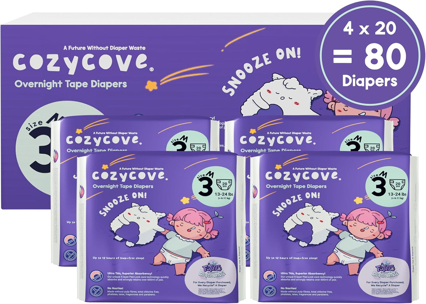Cozycove Size 3 Diapers, Snooze On Slim Overnight Tape Diapers, Size 3 (13-24 lbs), 80 Count (4 Packs of 20)