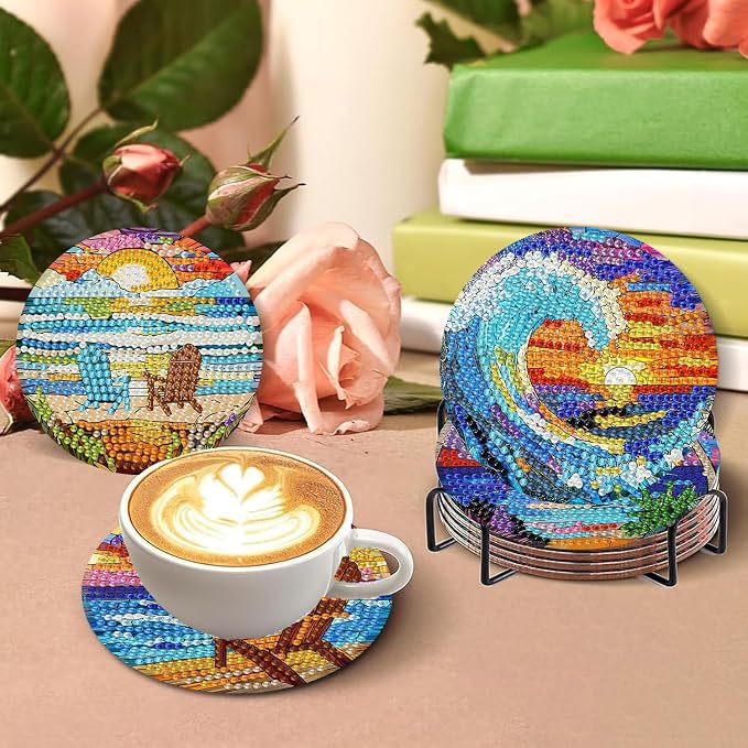 8 PCS Diamond Art Coasters Kits Sunset Beach Diamond Painting Coaster | Diamond