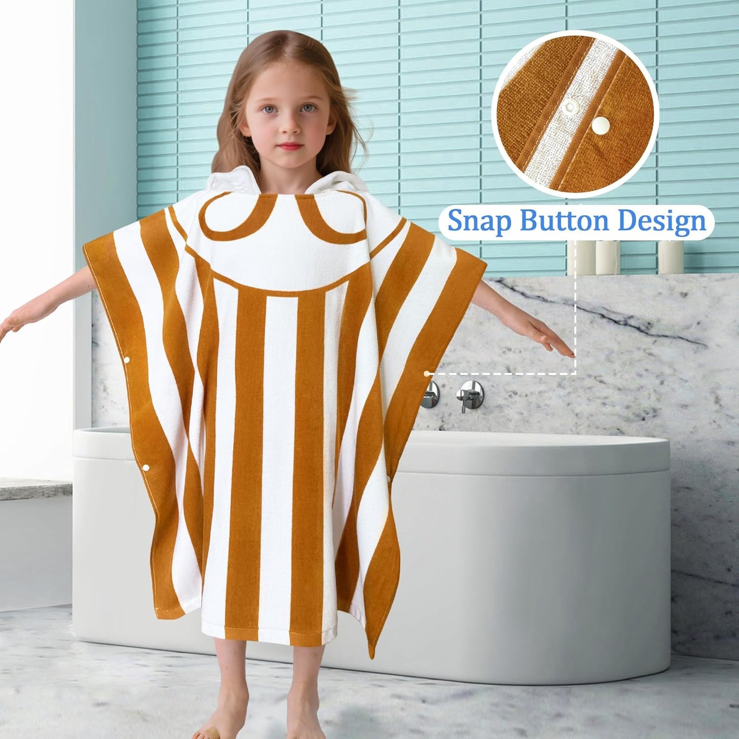 VOOVA & MOVAS Hooded Poncho Towel for Kids (4-8 Years,30"X30") | Soft Absorbent Cotton Towel Robe for Boys & Girls | Versatile Beach, Pool, Swim & Bath Cover-Up | Brown Stripe