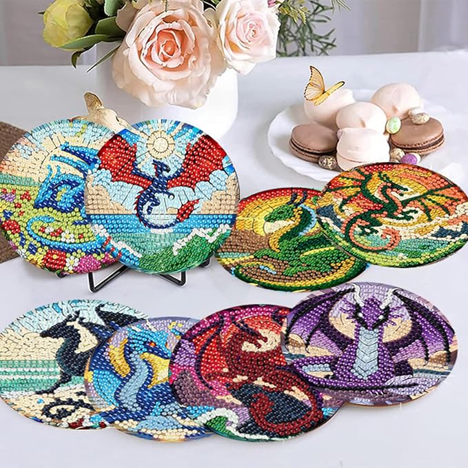 Zythron 8 Pack Diamond Art Coasters, Dragon Diamond Painting Coasters Kits |