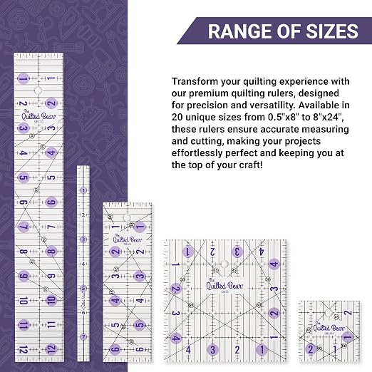 The Quilted Bear Square Quilting Ruler, Transparent Acrylic, Precise Bold Lines