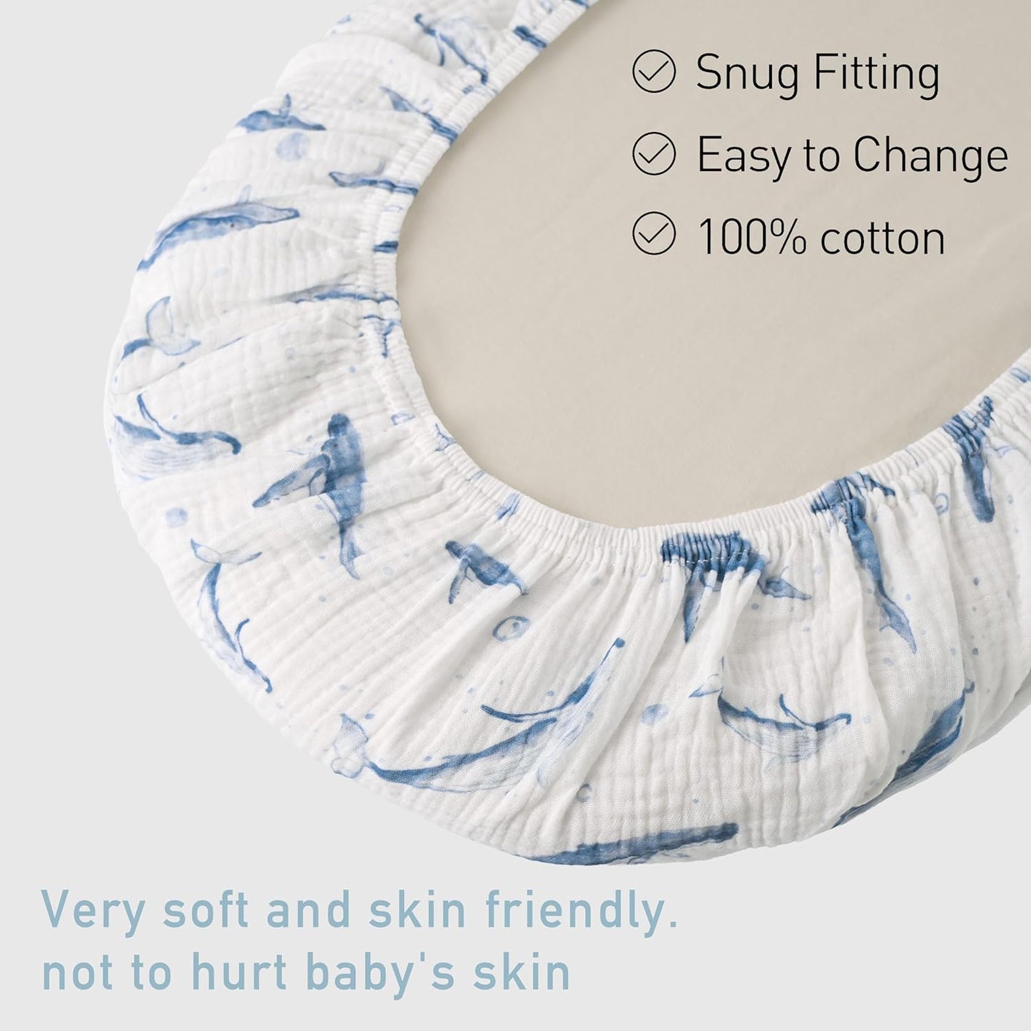 Muslin Bassinet Fitted Sheets, 2 Pack for Baby Boy and Girl, Soft Breathable Baby Pad/Mattress Sheet, Fit for Hourglass Oval and Rectangle Bassinet Mattress (Blue Whale, Bassinet Sheets 2 Pack)