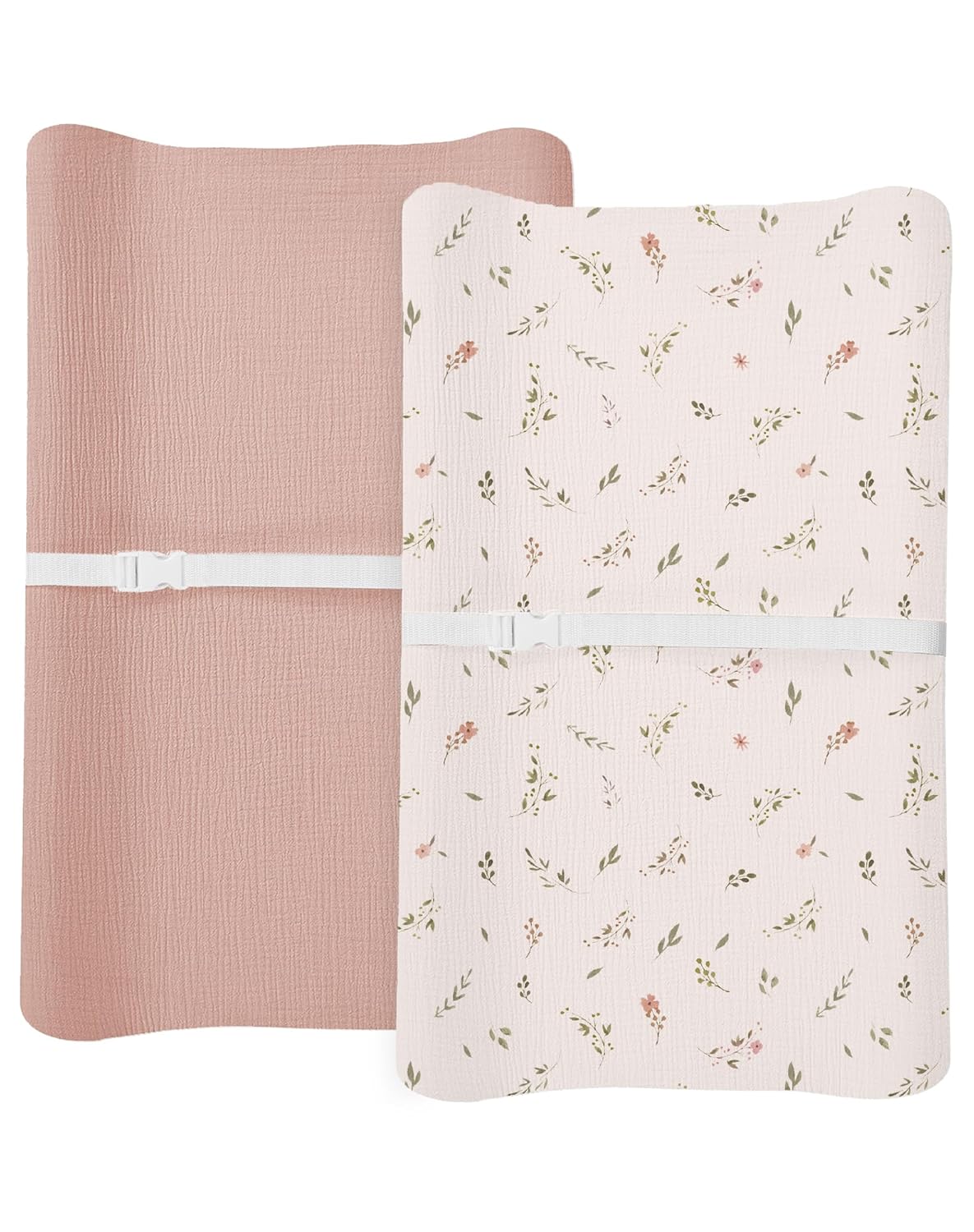 Changing Pad Cover for Baby Boy Girl 2 Pack, Muslin Changing Table Pad Covers with Boho Style, Neutral Nursery Bedding Essentials Soft and Breathable(Petal Leaf & Pink)