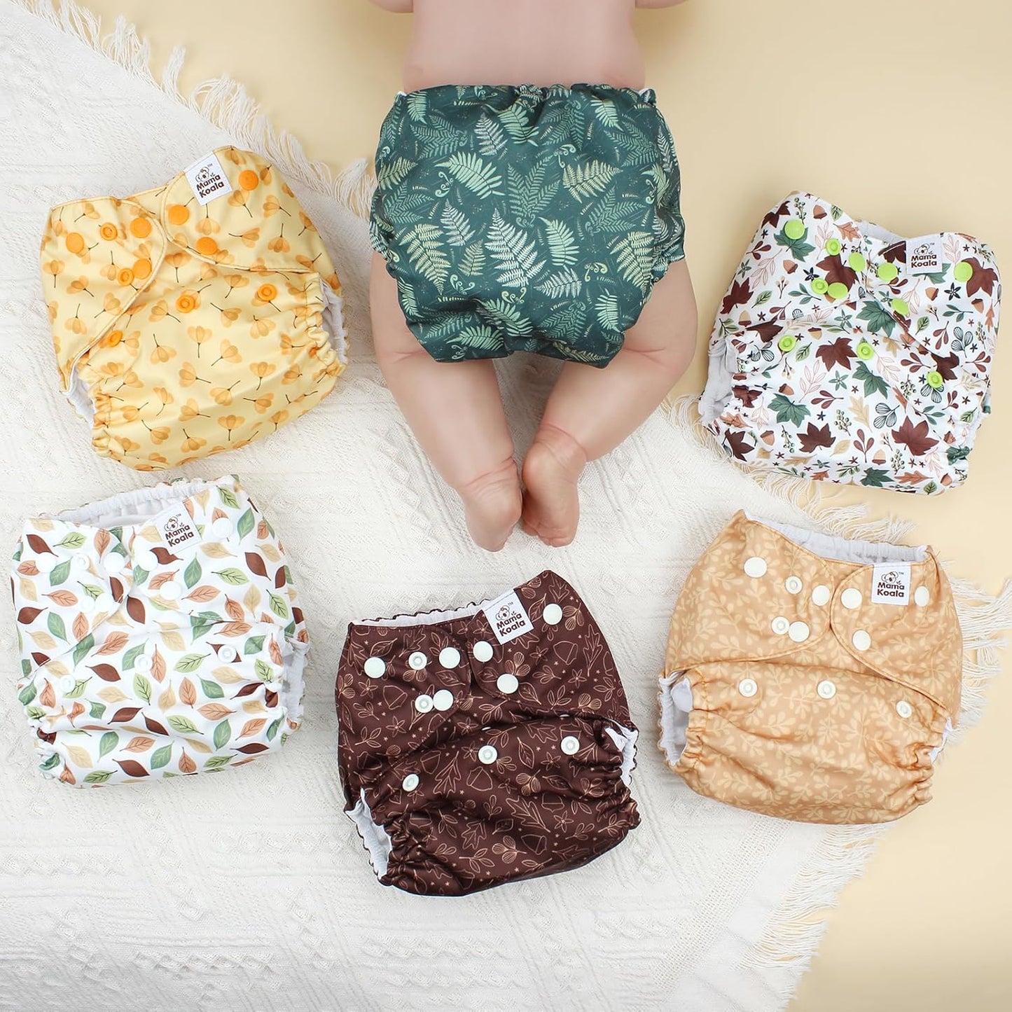 Mama Koala 3.0 Pocket Cloth Diapers for Babies with AWJ Lining, 6 Pack with 6 5-Layer Natural Cloth Diaper Inserts - Reusable and Washable Pocket Diapers(A-Falling Leaves)