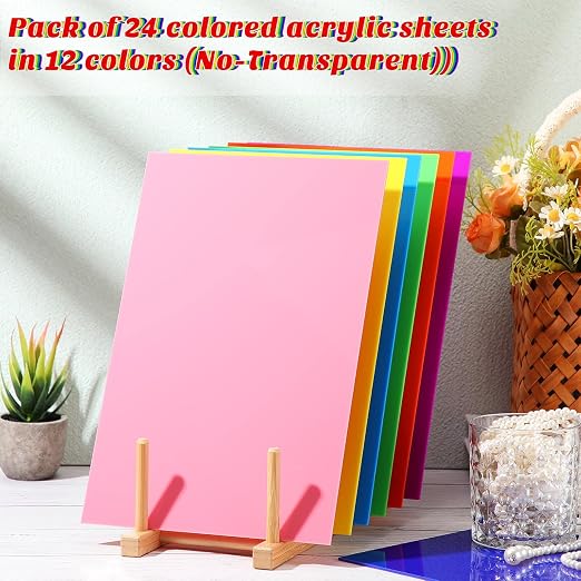 Remerry 24 Pcs 12 x 8 Inch Colored Acrylic Sheets, 12 Colors Opaque Panels