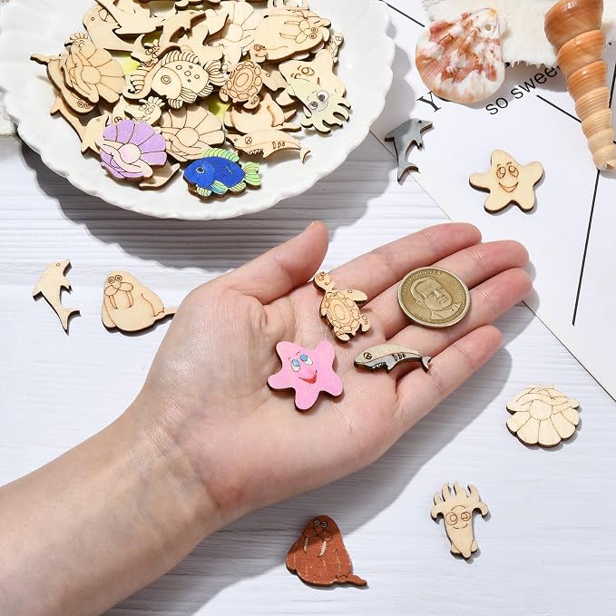 200 pcs Mixed Styles Ocean Animal Theme Undyed Wood Cutout Charms Octopus