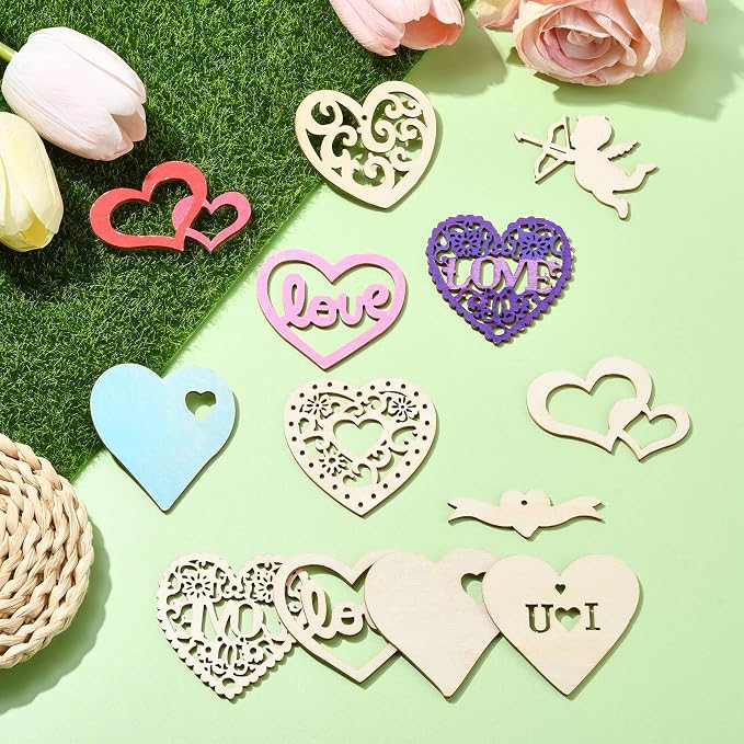 45 pcs Mixed Styles Heart Theme Unfinished Wood Cutout Charms Love Sweet Wood