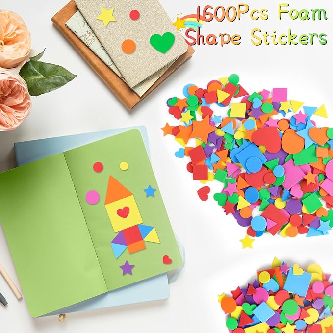 1600Pcs Foam Stickers, 8 Colors Foam Shape Stickers