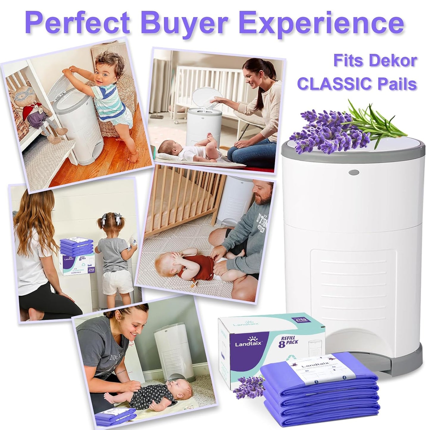 Refills Compatible with Dekor Classic Diaper Pail Refills | 8 Count for 4752 Diapers(Extra 20% Lengths) Diaper Pail Bags with Extra 30% Thickness Powerful Odor Eliminate Lavender Scent for Baby/Adult