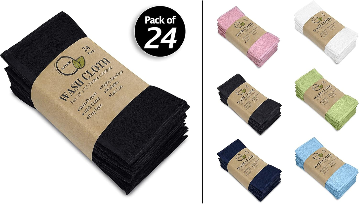 Softolle 100% Cotton Washcloths 24 Pack (12x12 Inches) Soft, Highly Absorbent Washcloth, Face Towels, Wash Cloths for Face, Ring Spun, Bulk Pack (Black)
