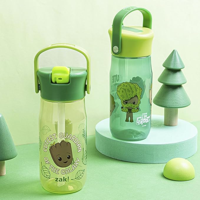 Zak Designs Harmony Marvel Groot Water Bottle for Travel or At Home, 18oz Recycled Plastic is Leak-Proof When Closed with Straw Lid and Carry Handle, 2-Pack (Groot)