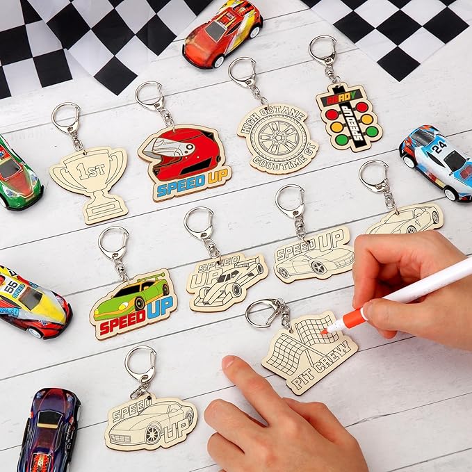 RattanView 24 Pcs Race Car Craft Color Your Own Keychains Diy Craft Wooden