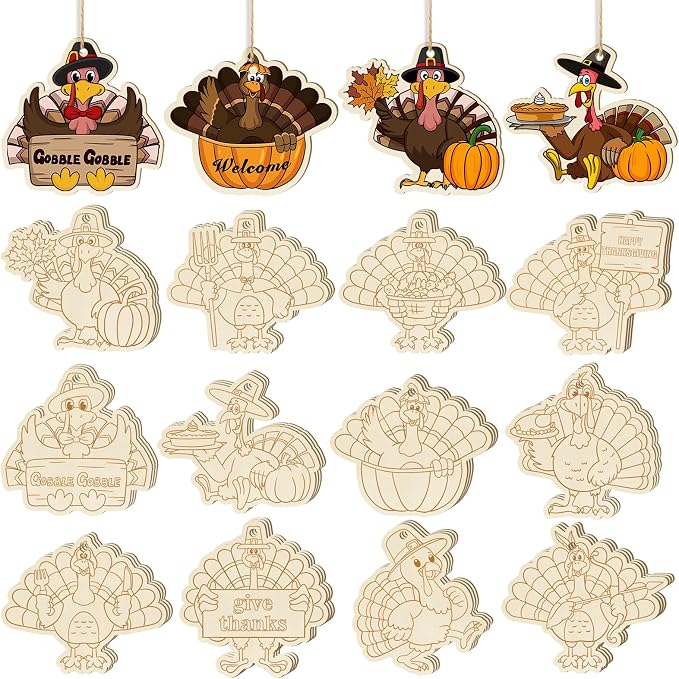 36PCS Wooden Thanksgiving Decoration Turkey Ornaments to Paint Thanksgiving