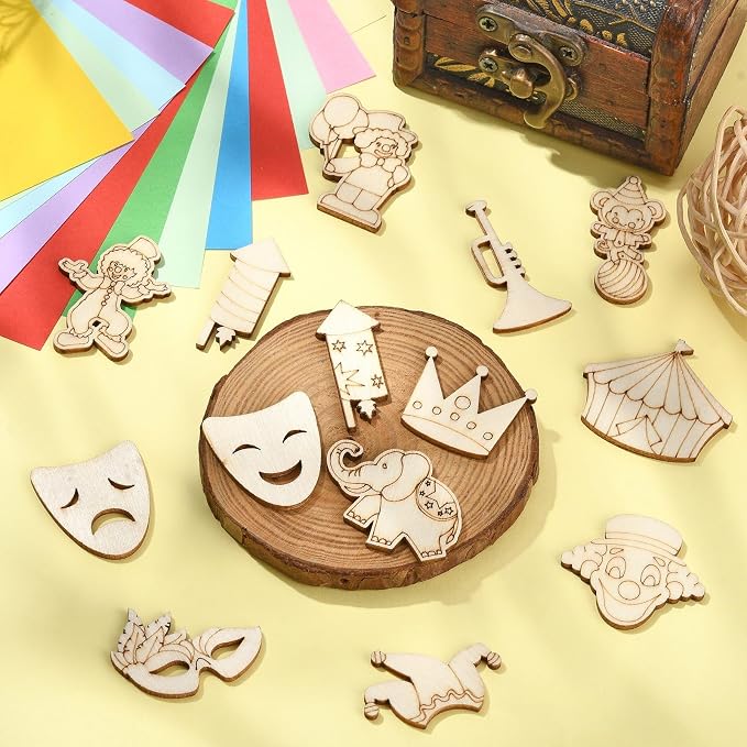 200 Pcs Unfinished Wooden Cutouts Carnival Blank Wood Slices Circus Wooden