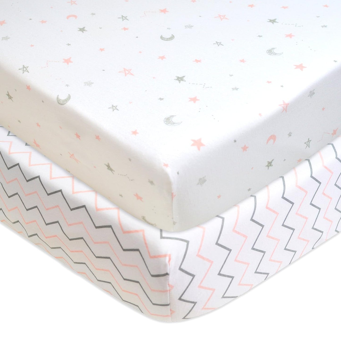American Baby Company 2 Pack Printed 100% Cotton Knit Fitted Contoured Changing Table Pad Cover - Compatible with Mika Micky Bassinet, Pink Stars and Zigzag, for Boys and Girls