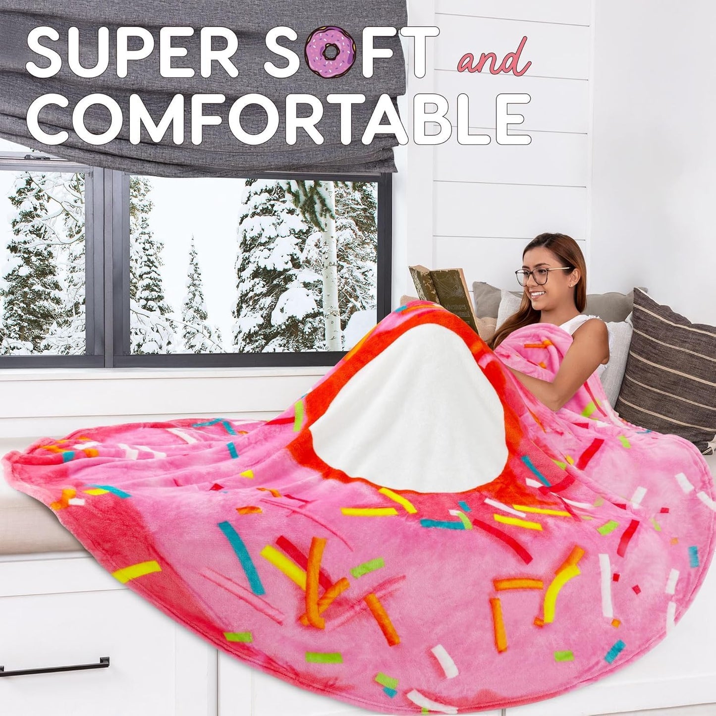 Zulay Kitchen Donut Blanket – 80 Inch Round Pink Glazed Throw – Soft 285 GSM Flannel Blanket for Adults & Kids – Funny, Cozy, Novelty Gift for Home, Travel & More