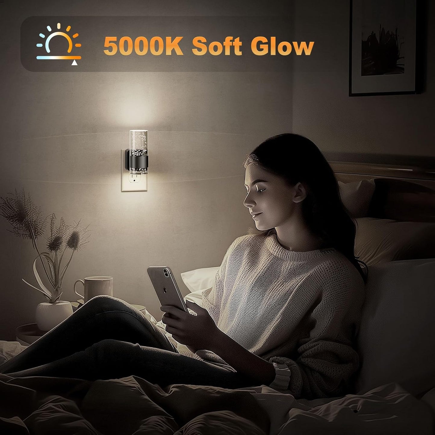 JandCase Night Light, Night Lights Plug into Wall,2 Pack LED Nightlight with Adjustable Brightness, 5000K，Automatic Night Light Plug in with Auto Light Sensor for Bathroom Hallway Room Decor