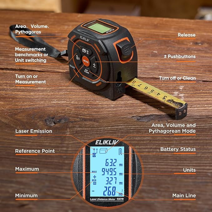 Laser Tape Measure 2-in-1, 197Ft Laser & 16Ft Digital Tape Measure | LCD Display