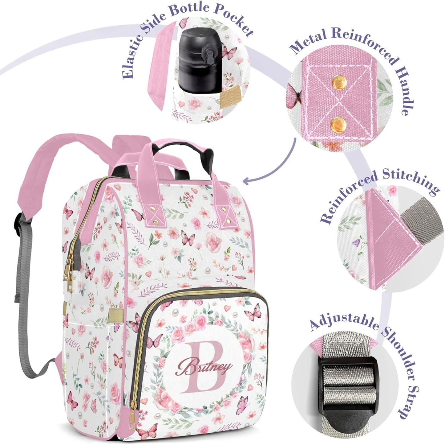 Large Capacity Custom Diaper Bag for Baby Girls with Name, Pink Floral Multifunctional Mom Personalized Diaper Bag Backpack Waterproof Women Customized Daypack Nappy Bag