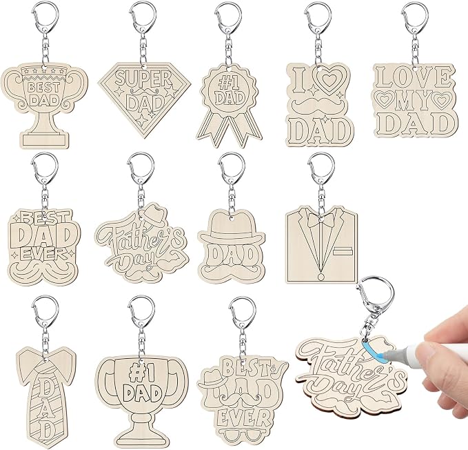 RattanView 24 Pcs Dad Craft Color Your Own Keychains DIY Craft Wooden Blank