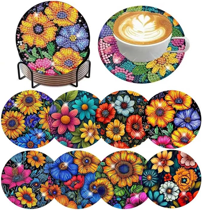 ijbnhd 8 Pcs Flowers Diamond Art Coasters
