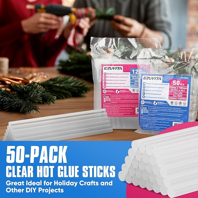 EZUVITA 50-Pack Full Size Hot Glue Sticks, 0.43” Dia x 6” Long | Clear