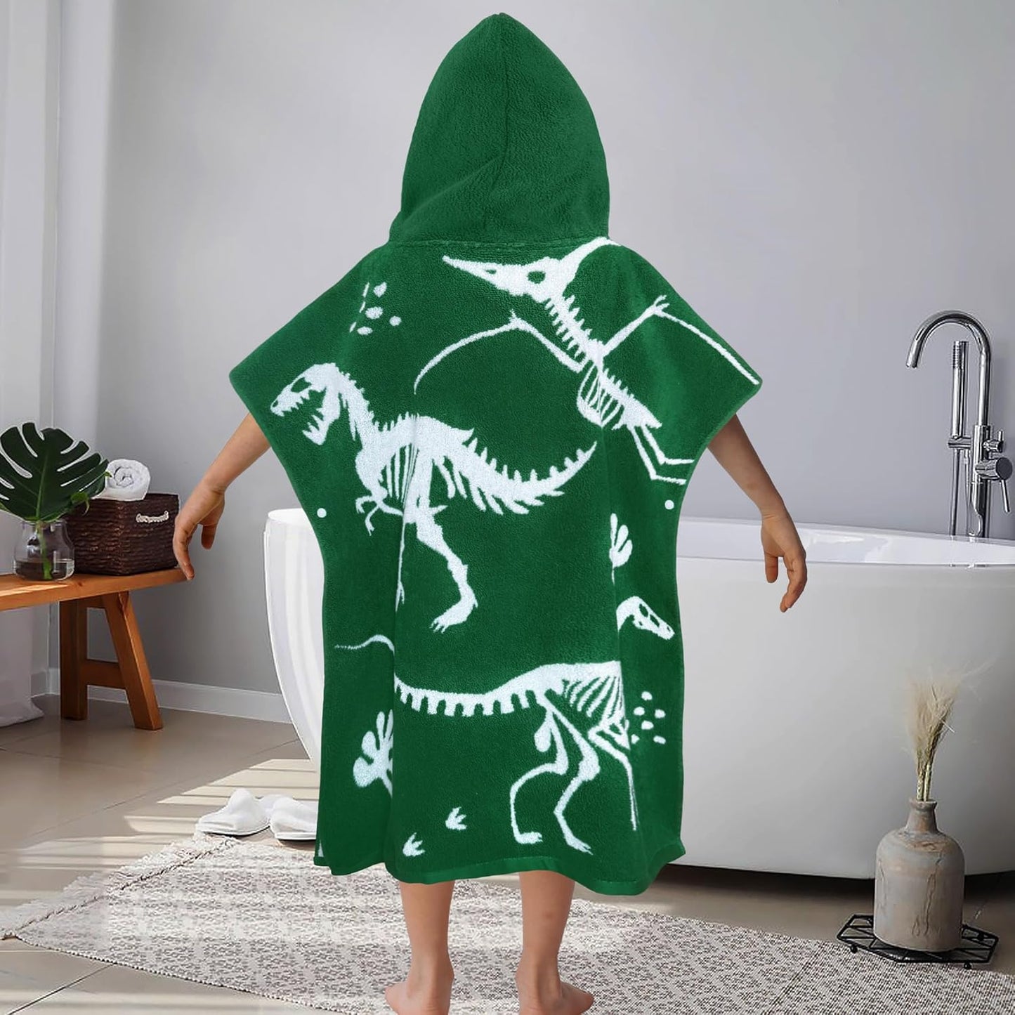 VOOVA & MOVAS Dinosaur Hooded Poncho Towels for Kids (4-8Years,28"x28"),Soft Cotton Thick Absorbent Towel Robe for Toddler Boys,Perfect for Bathroom | Pool | Swimming, Jacquard Green Dino
