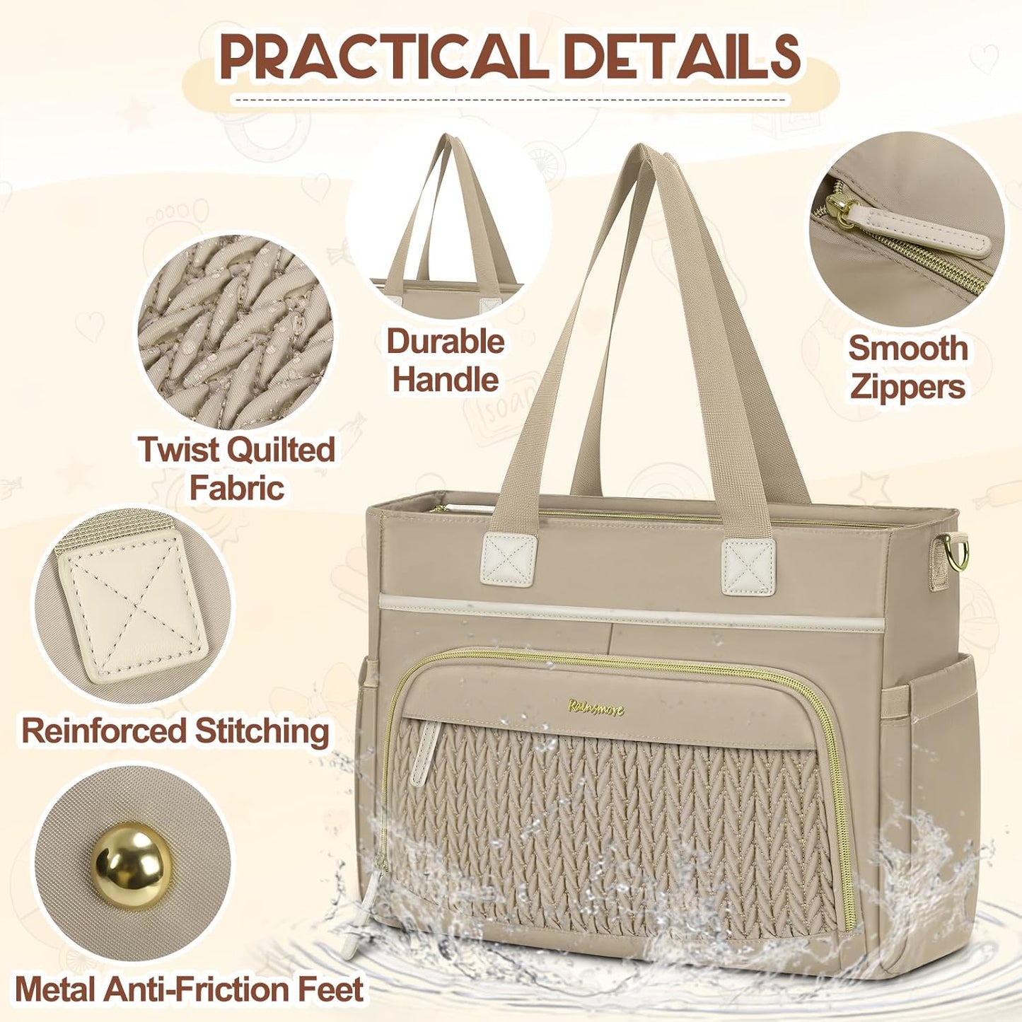RAINSMORE Diaper Bag Tote, Large Diaper Baby Bag Waterproof Multifunctional Diaper Bag with Pacifier Case & Changing Pad