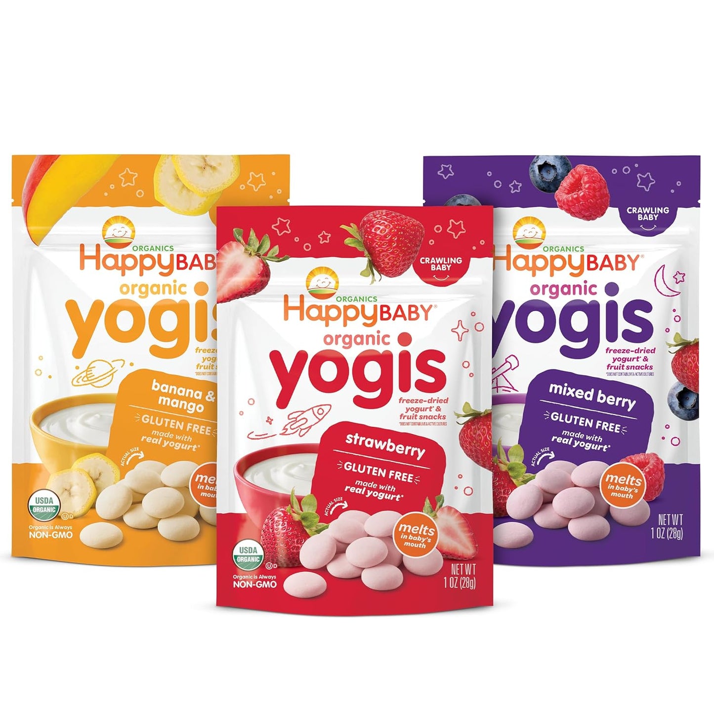 Happy Baby Organics Yogis Freeze-Dried Yogurt & Fruit Snacks, 3 Flavor Variety Pack, 1 Ounce (Pack of 3)