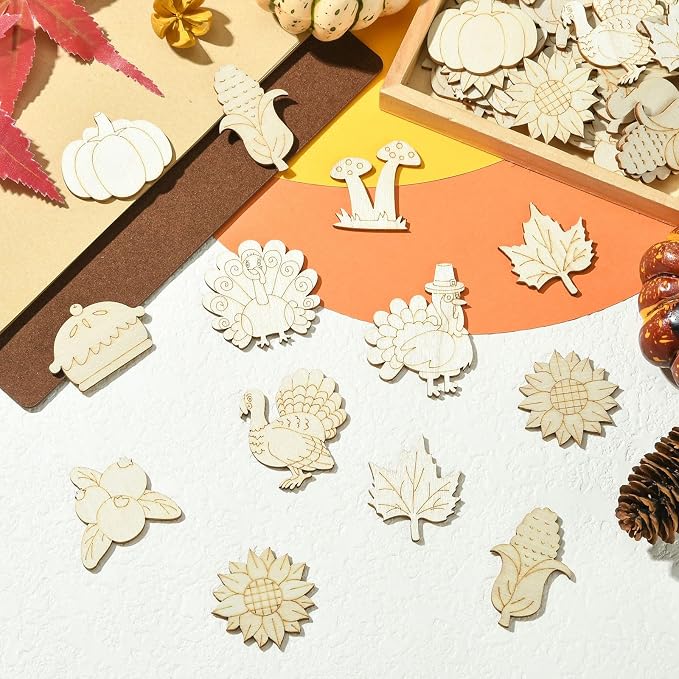 100 pcs Mixed Styles Thanksgiving Theme Unfinished Wooden Cutout Charms Pumpkin