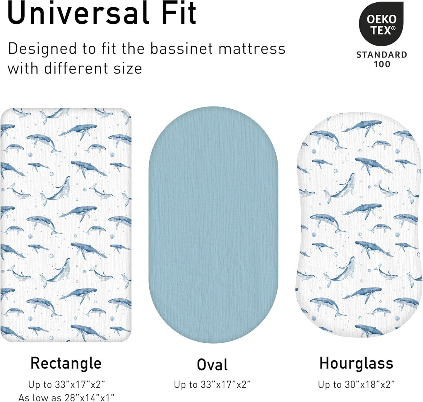 Muslin Bassinet Fitted Sheets, 2 Pack for Baby Boy and Girl, Soft Breathable Baby Pad/Mattress Sheet, Fit for Hourglass Oval and Rectangle Bassinet Mattress (Blue Whale, Bassinet Sheets 2 Pack)