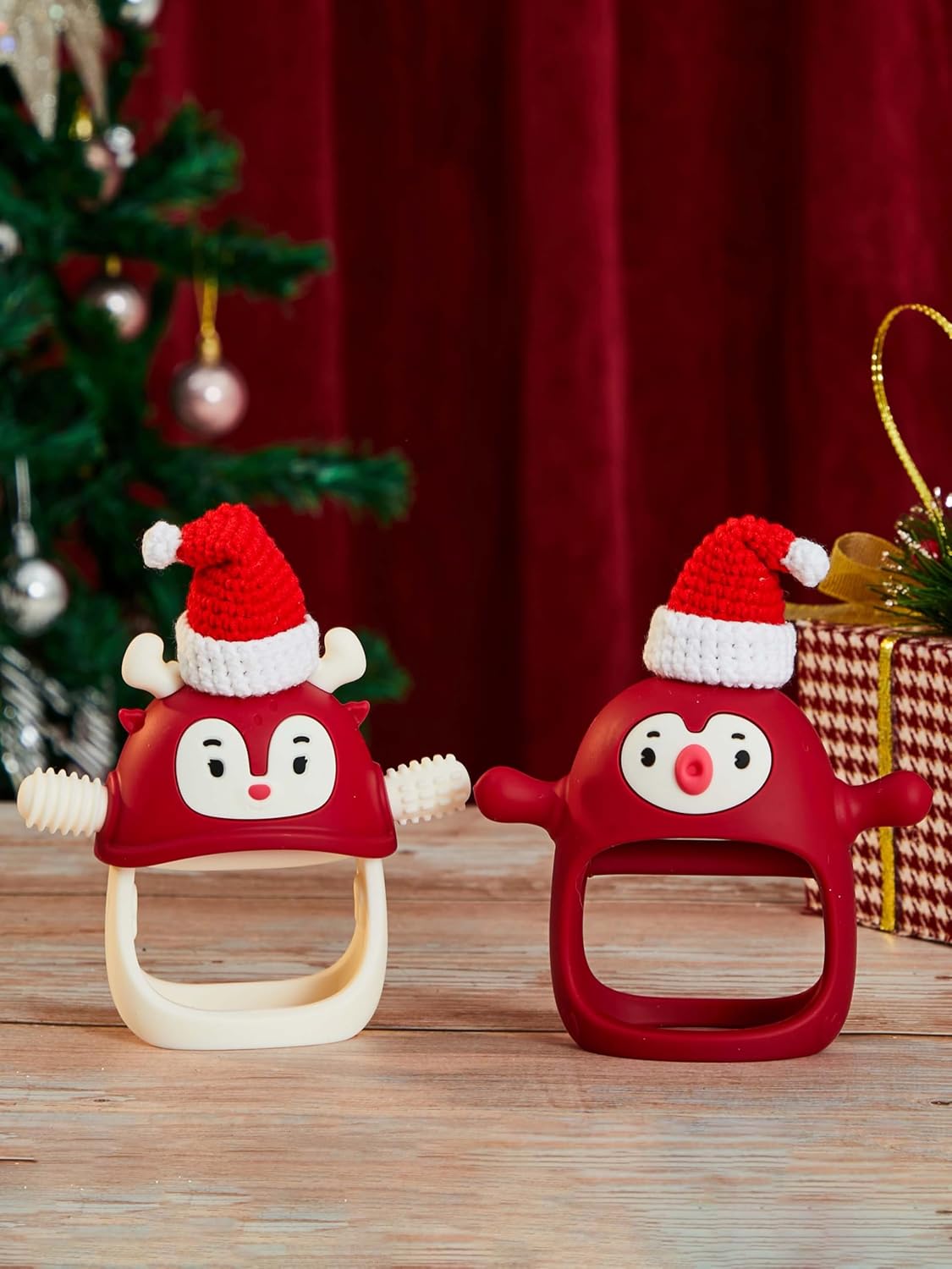 Baby Christmas Stocking Stuffers-Smily Mia Penguin Buddy and Reindeer 2 in 1 Christmas Gift/Toy Set for 0-12 Months Teething Babies, Teeting Mittens For Babies, Infant Christmas Gift Box-Christmas Red