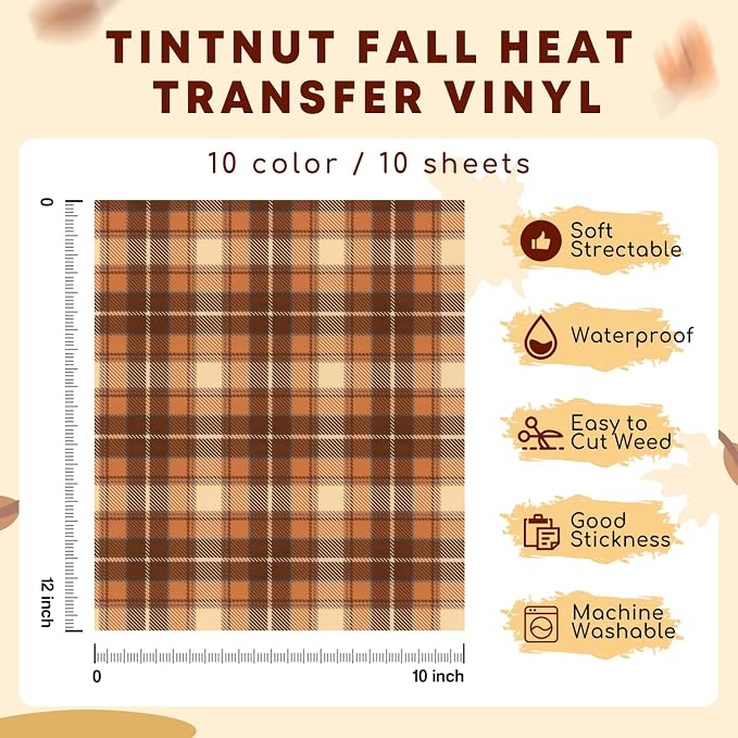 Tintnut Fall Autumn Heat Transfer Vinyl, 10 Sheets 12×10in Iron on Vinyl | Fall