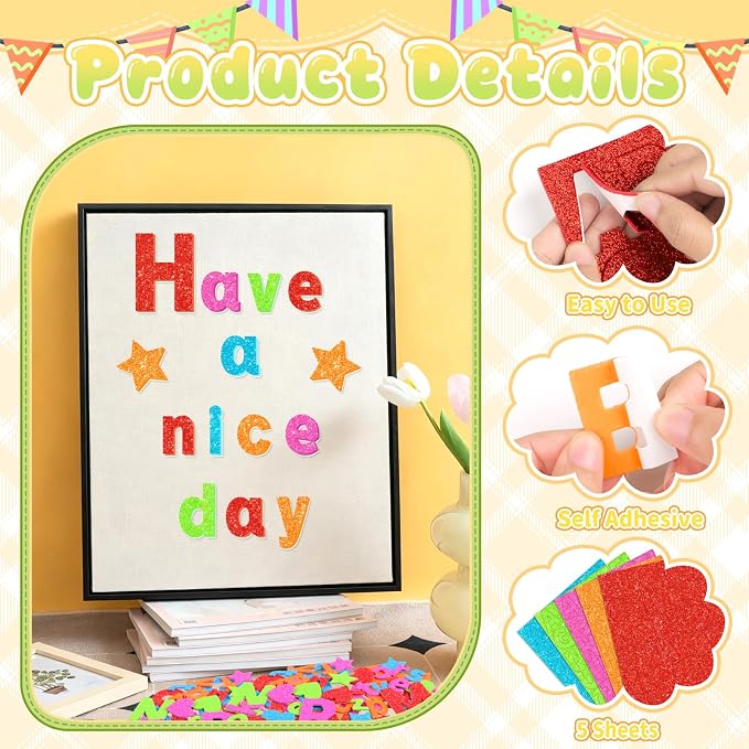 Glitter Foam Letter Stickers 335 Pcs Self-Adhesive Uppercase & Lowercase ABC