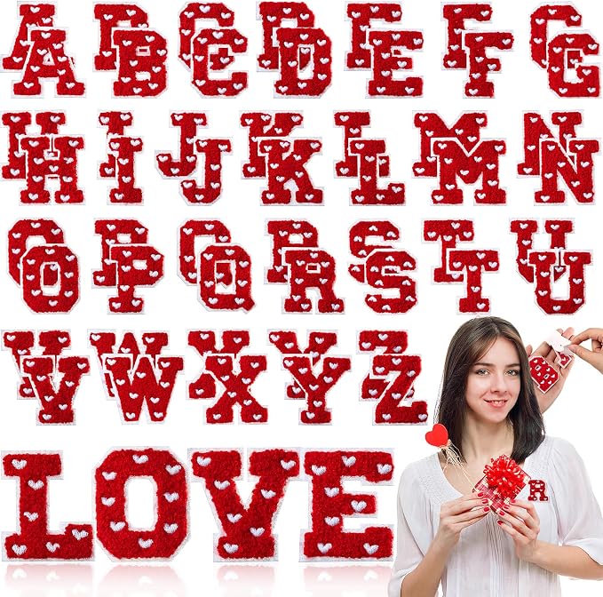 WILLBOND 52 Pcs Valentine's Day Heart Self Adhesive Chenille Letters Patches