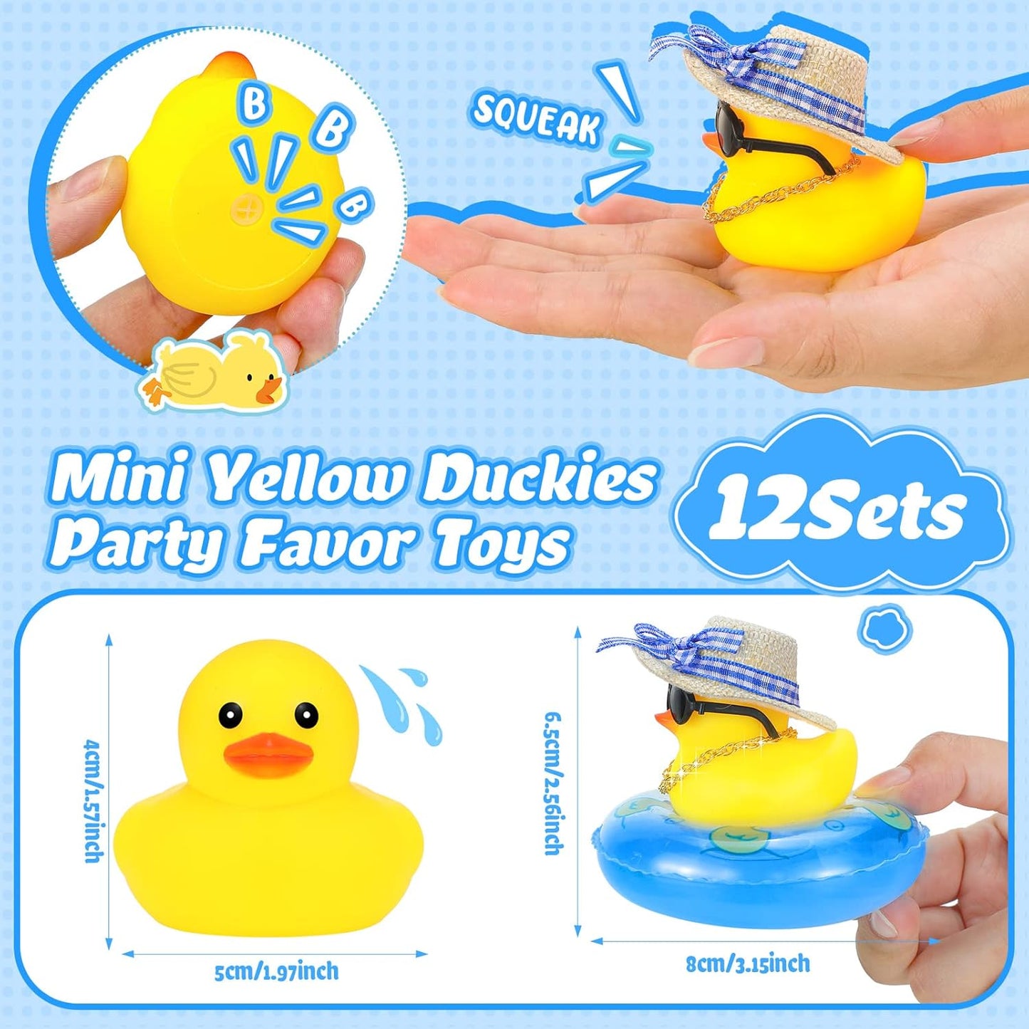 Summer Rubber Duck Mini Yellow Duck Bath Toys Duckies Car Dashboard Decorations with Mini Sun Hat Swim Ring Necklace and Sunglasses for Bathtub Shower Birthday Swimming (12 Set )