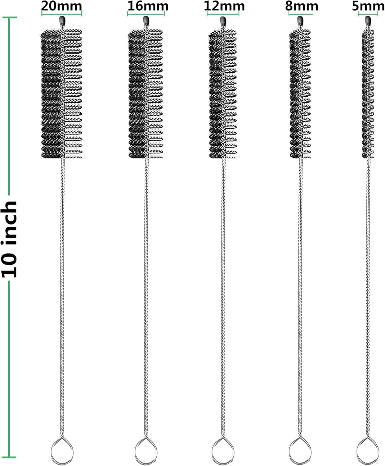 Straw Cleaner Brush Long 10 inch, 10-PCS Straw Brush of Bristles Diameter (5+8+12+16+20mm) for Cleaning Reusable Straws, Sippy Cup, Water Bottles, Tumblers, Tubes Black Color