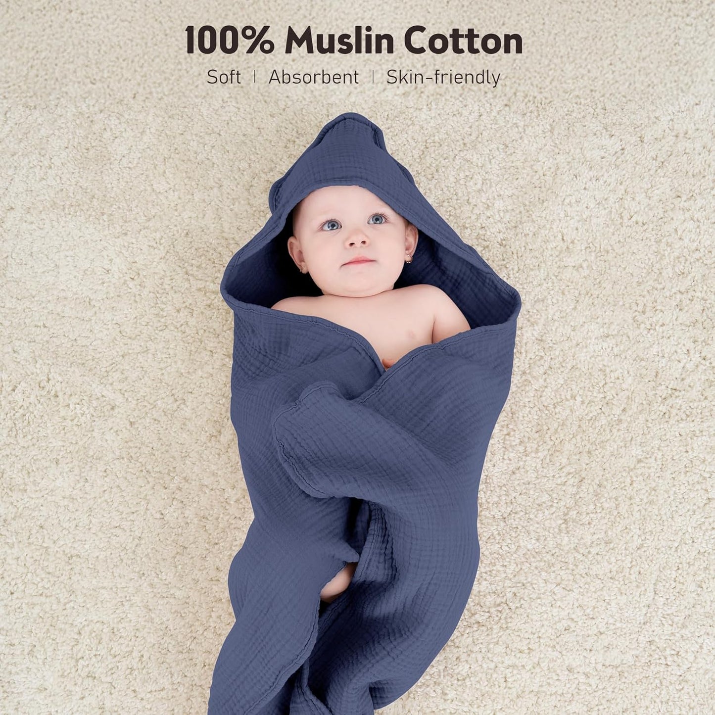 Susurration Hooded Baby Towels for Newborn 2 Pack 100% Muslin Cotton Towel for Babies，Highly Absorbent and Newborn Essential 30x30 Inch (Blue)
