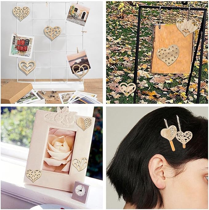 200 pcs Mixed Styles Hollow Heart Theme Unfinished Wood Cutout Charms Cute Love