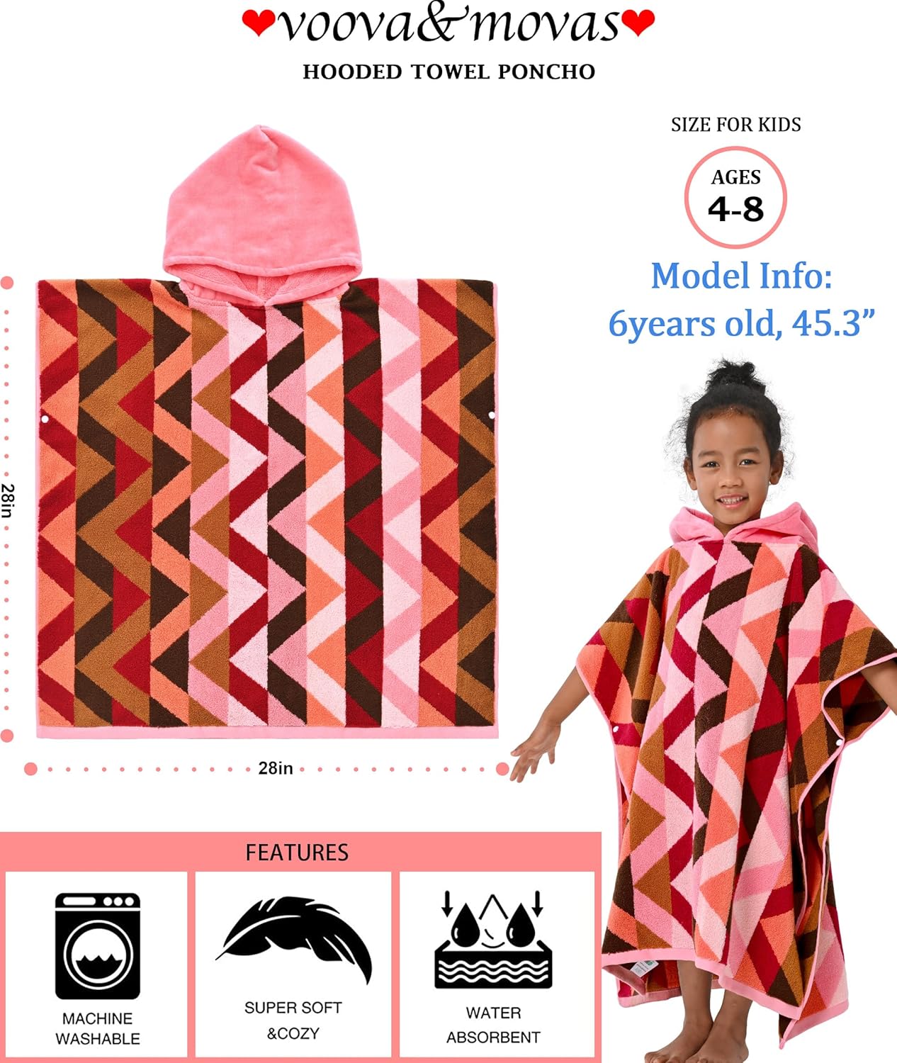 VOOVA & MOVAS Kids Towels Poncho with Hood (4-8Years) - Thick 500GSM,Soft, Absorbent, 100% Cotton Swim Towel, Perfect for Bathroom | Pool | Swim, Jacquard,Red