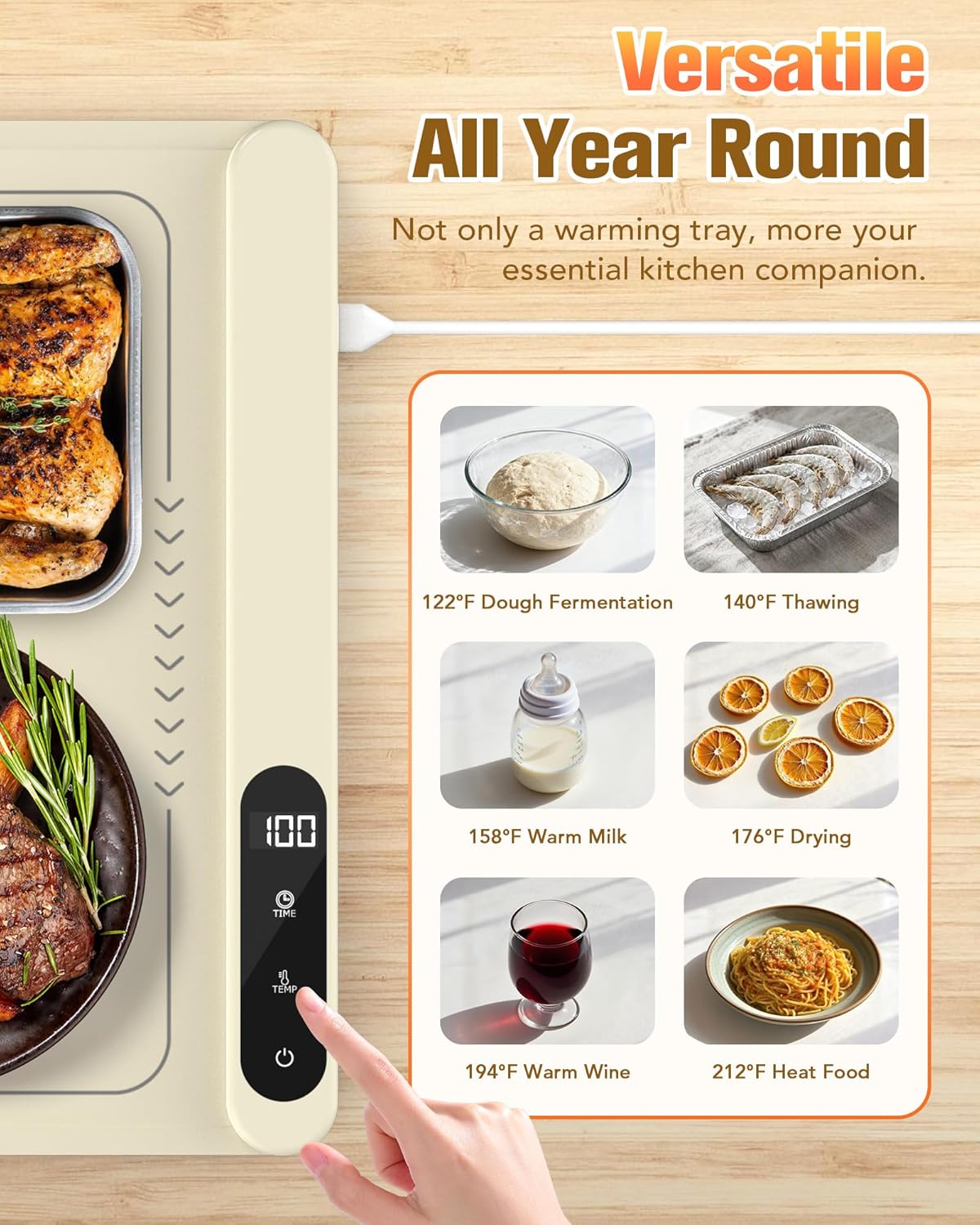 Potahouse® Warming Mat for Food, Graphene Full-Surface Fast Heating, Electric Warming Tray with 6 Temp & Timer Settings, Rollable & Portable Silicone Food Warmer for Parties, Home and Travel, Apricot