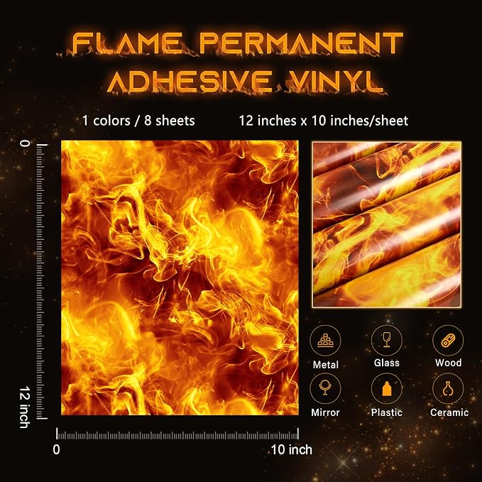 Tintnut Flame Pattern Permanent Vinyl 8 Pcs 12x10in Orange Adhesive Vinyl |