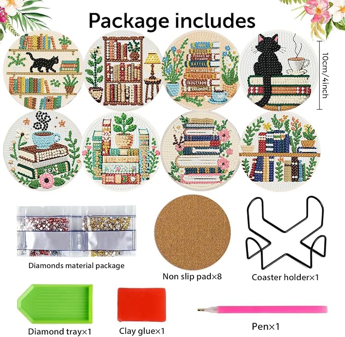 8 Pack Bookshelf Diamond Art Coasters, Diamond Painting Coasters Kits | Books