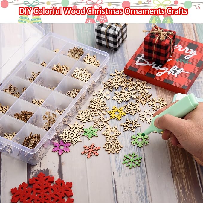 200 Pcs Unfinished Wooden Snowflake Ornament DIY Wood Snowflakes Cutouts Blank